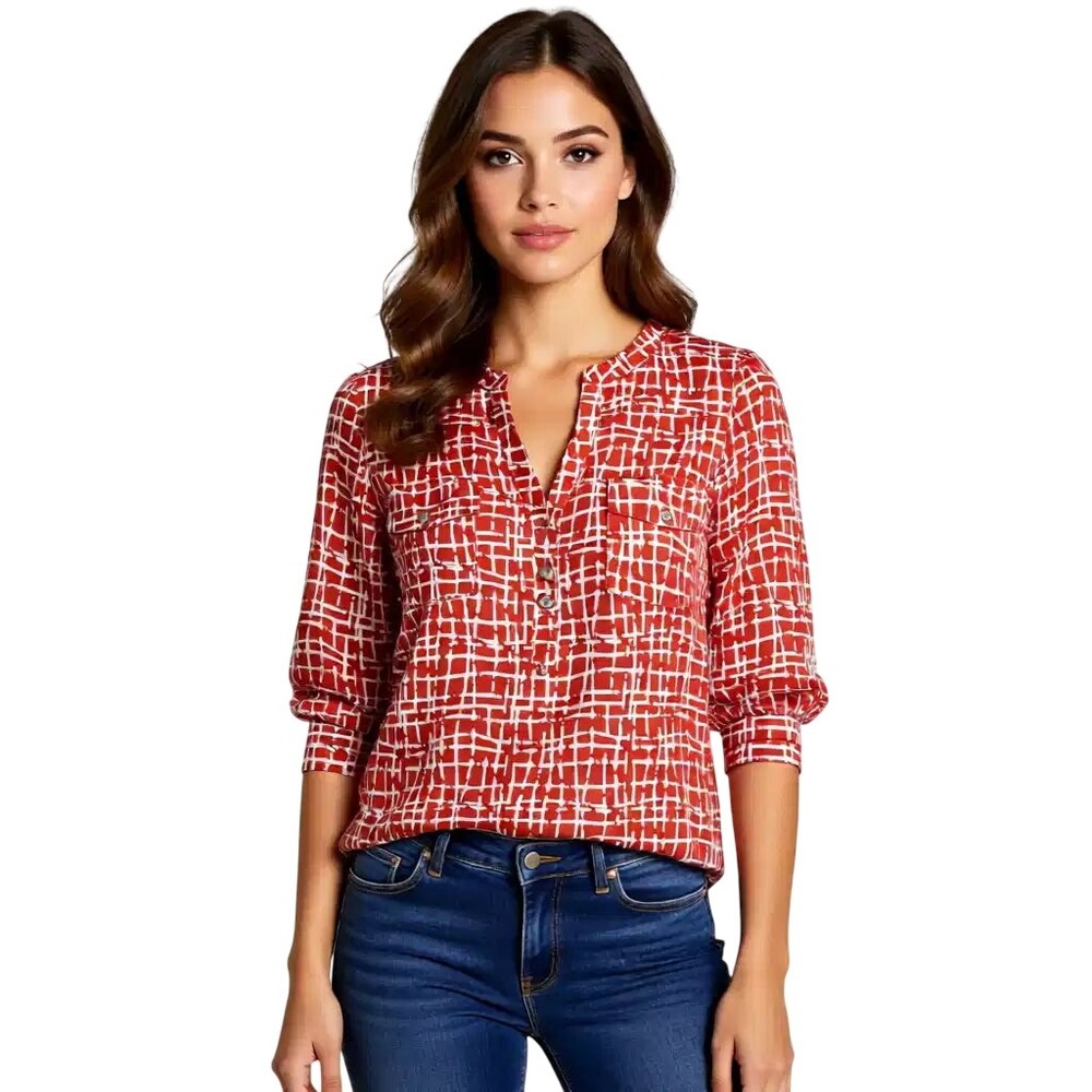 41 Hawthorn Orange White Grid Print Split Neck Elbow Sleeve Blouse Sm